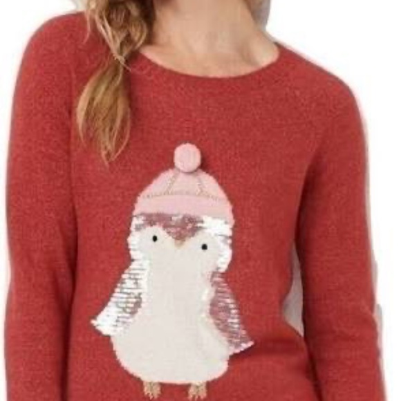 LC LAUREN CONRAD Burnt Red Sequin Penguin Holiday Sweater X-Large NEW - Picture 2 of 11